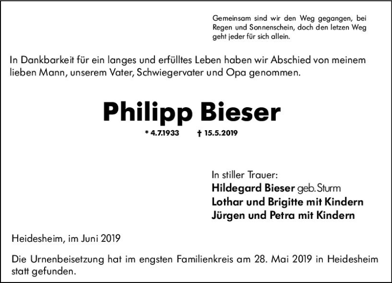  Traueranzeige für Philipp Bieser vom 01.06.2019 aus vrm-trauer