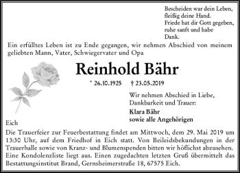 Traueranzeige von Reinhold Bähr von vrm-trauer