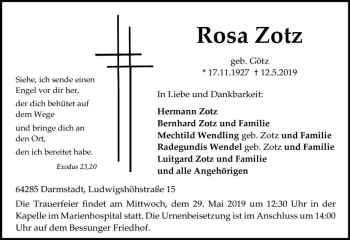 Traueranzeige von Rosa Zotz von vrm-trauer