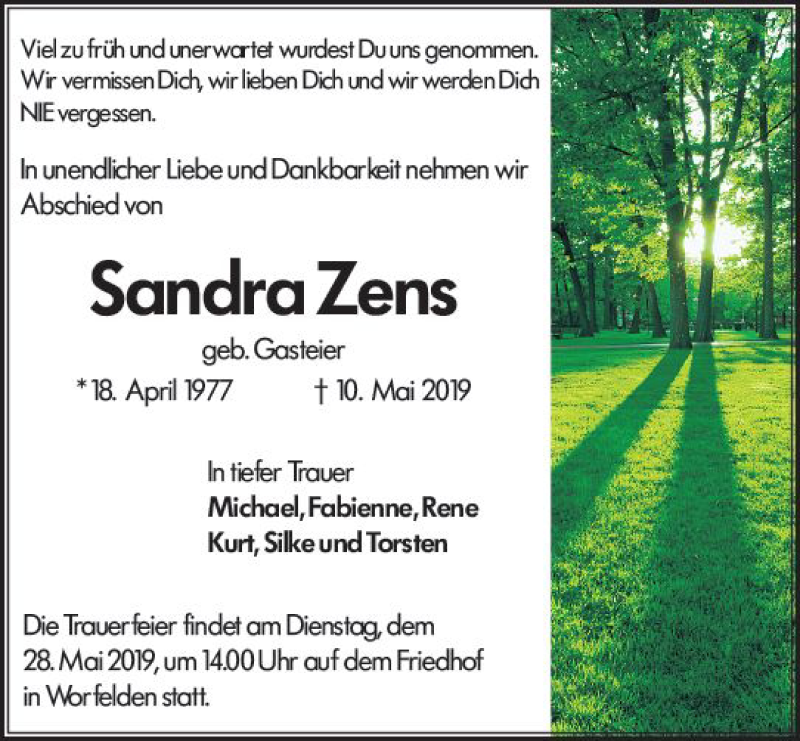  Traueranzeige für Sandra Zens vom 25.05.2019 aus vrm-trauer