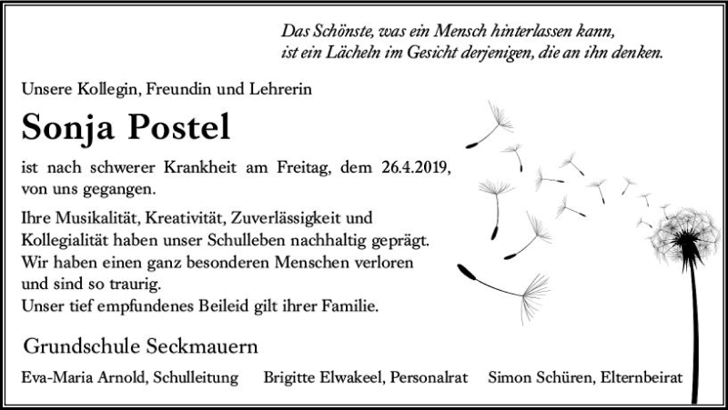  Traueranzeige für Sonja Postel vom 02.05.2019 aus vrm-trauer