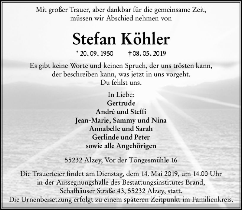  Traueranzeige für Stefan Köhler vom 11.05.2019 aus vrm-trauer