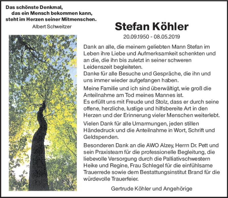  Traueranzeige für Stefan Köhler vom 01.06.2019 aus vrm-trauer