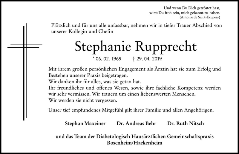  Traueranzeige für Stephanie Rupprecht vom 11.05.2019 aus vrm-trauer