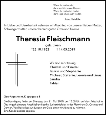 Traueranzeige von Theresia Fleischmann von vrm-trauer