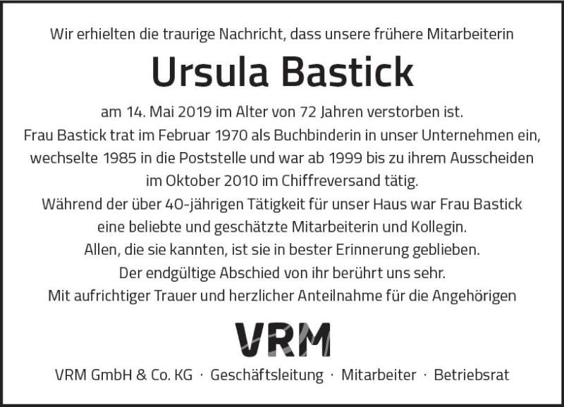  Traueranzeige für Ursula Bastick vom 25.05.2019 aus vrm-trauer