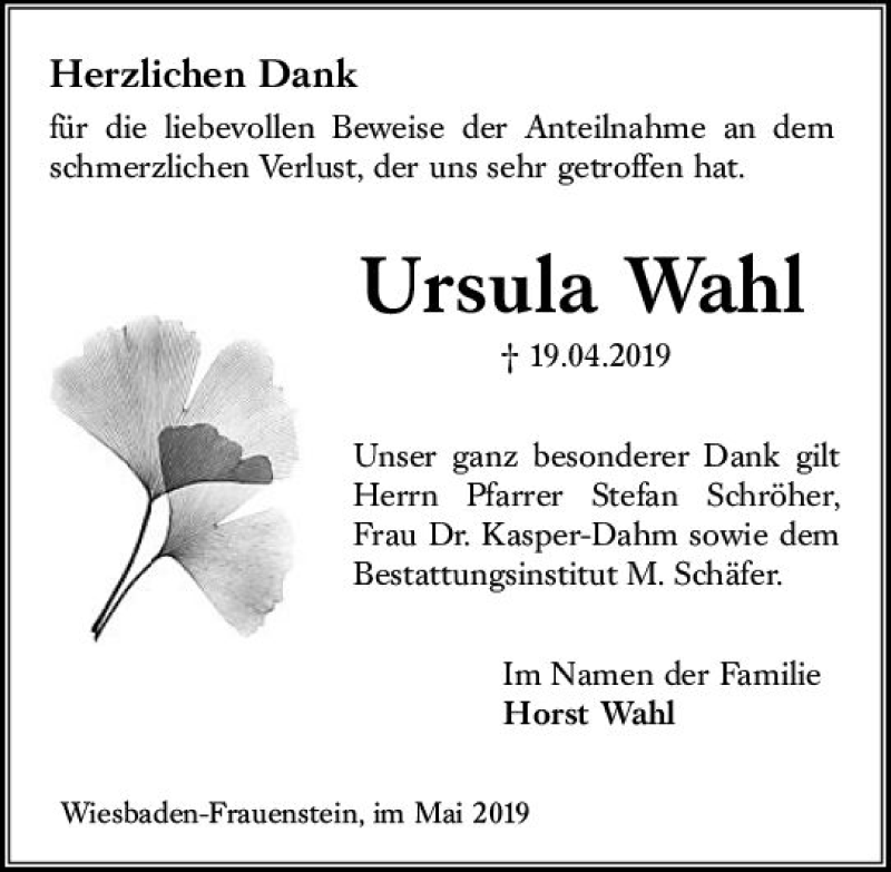  Traueranzeige für Ursula Wahl vom 25.05.2019 aus vrm-trauer