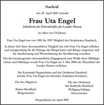 Traueranzeige von Uta Engel von vrm-trauer