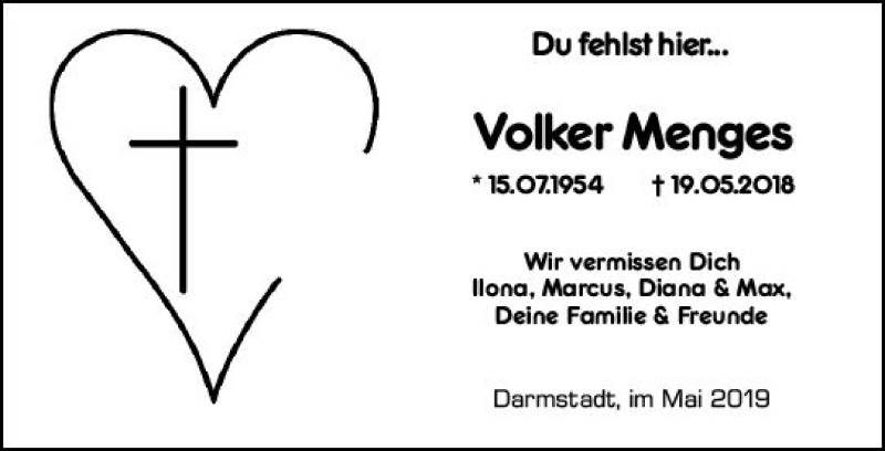  Traueranzeige für Volker Menges vom 25.05.2019 aus vrm-trauer
