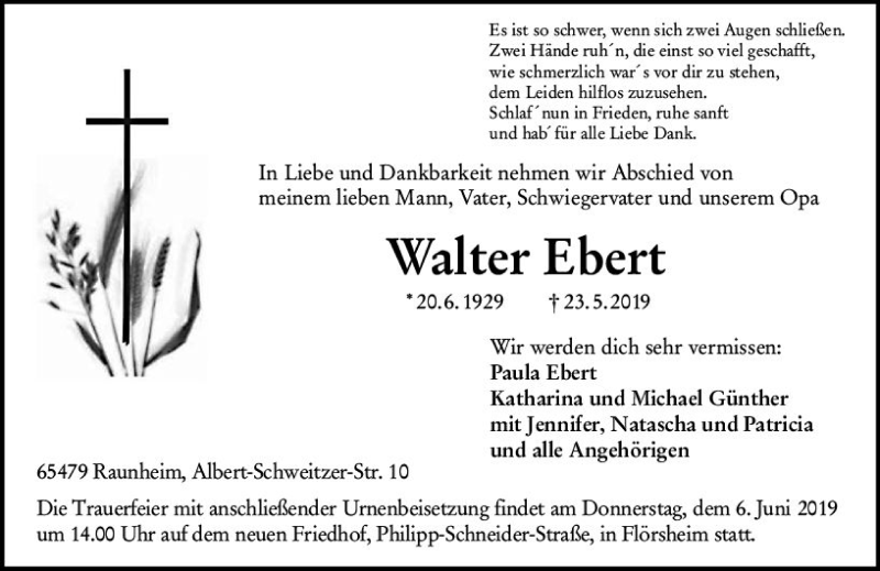  Traueranzeige für Walter Ebert vom 01.06.2019 aus vrm-trauer