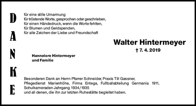  Traueranzeige für Walter Hintermeyer vom 04.05.2019 aus vrm-trauer