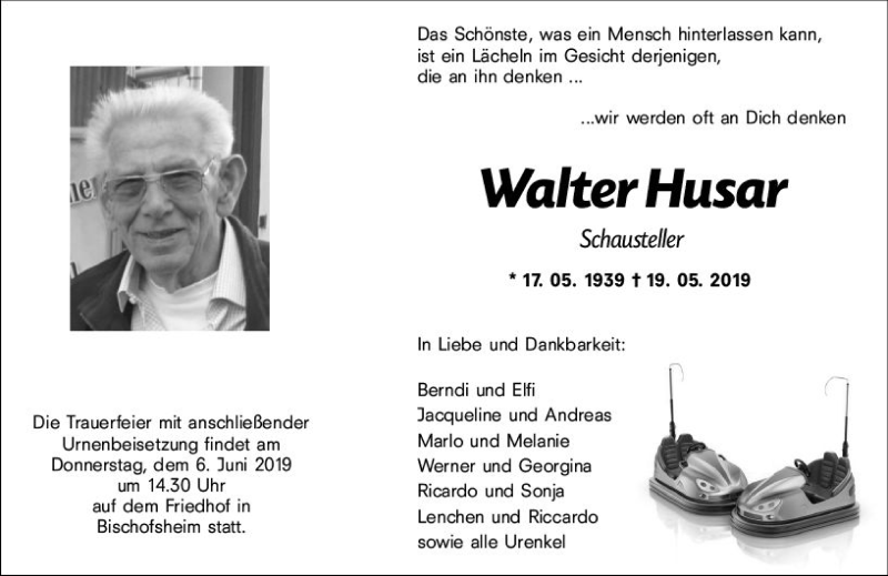  Traueranzeige für Walter Husar vom 25.05.2019 aus vrm-trauer
