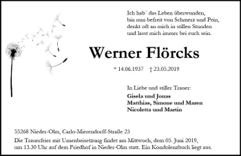Traueranzeige von Werner Flörcks von vrm-trauer