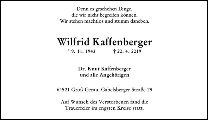  Traueranzeige für Wilfrid Kaffenberger vom 04.05.2019 aus vrm-trauer