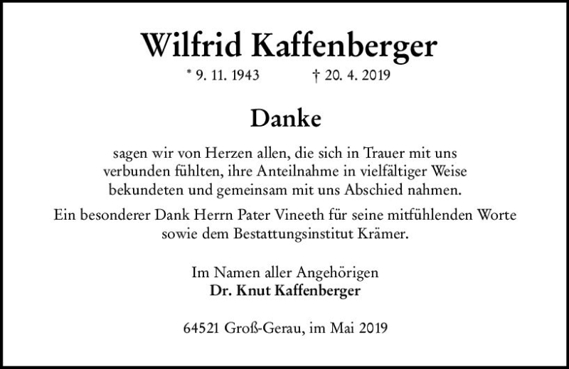  Traueranzeige für Wilfrid Kaffenberger vom 25.05.2019 aus vrm-trauer