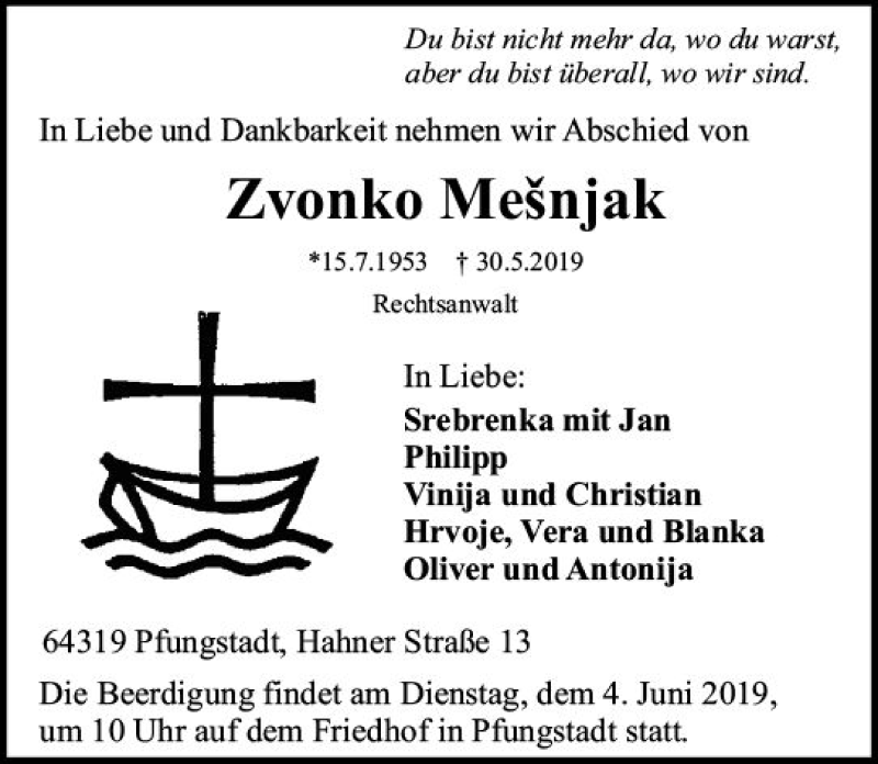  Traueranzeige für Zvonko Mesnjak vom 01.06.2019 aus vrm-trauer