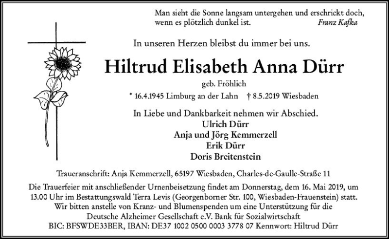  Traueranzeige für Hiltrud Elisabeth Anna Dürr vom 11.05.2019 aus 