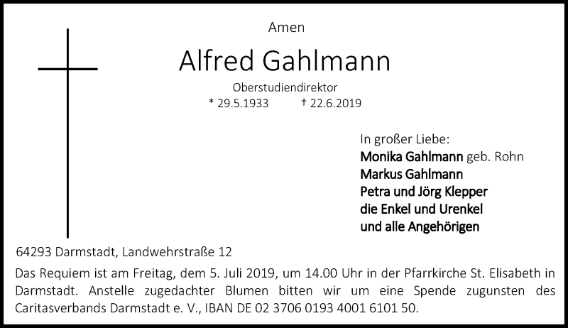  Traueranzeige für Alfred Gahlmann vom 29.06.2019 aus vrm-trauer