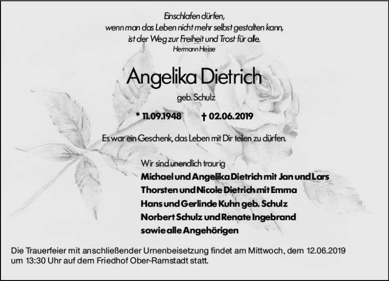  Traueranzeige für Angelika Dietrich vom 08.06.2019 aus vrm-trauer
