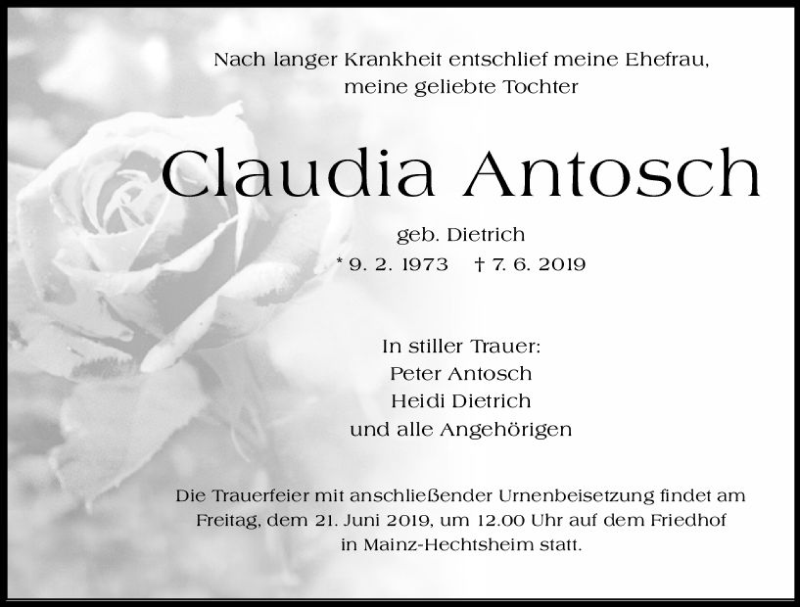  Traueranzeige für Claudia Antosch vom 15.06.2019 aus vrm-trauer