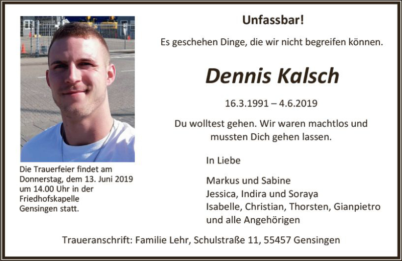  Traueranzeige für Dennis Kalsch vom 08.06.2019 aus vrm-trauer