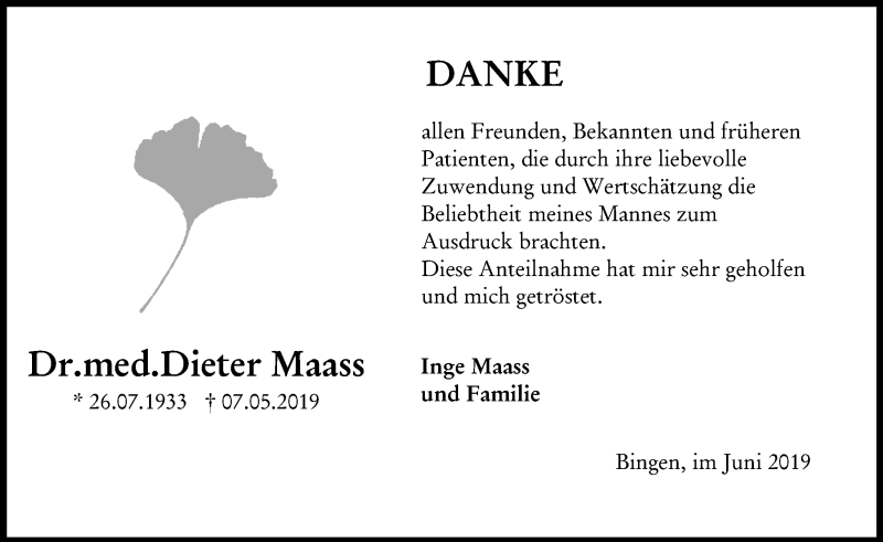  Traueranzeige für Dieter Maass vom 29.06.2019 aus vrm-trauer