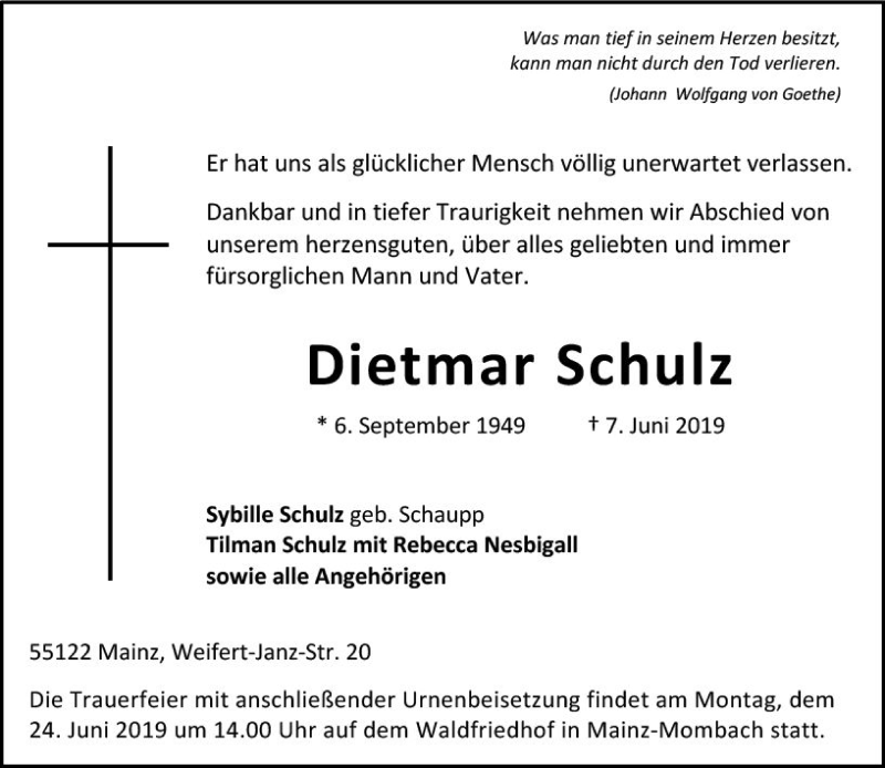  Traueranzeige für Dietmar Schulz vom 15.06.2019 aus vrm-trauer