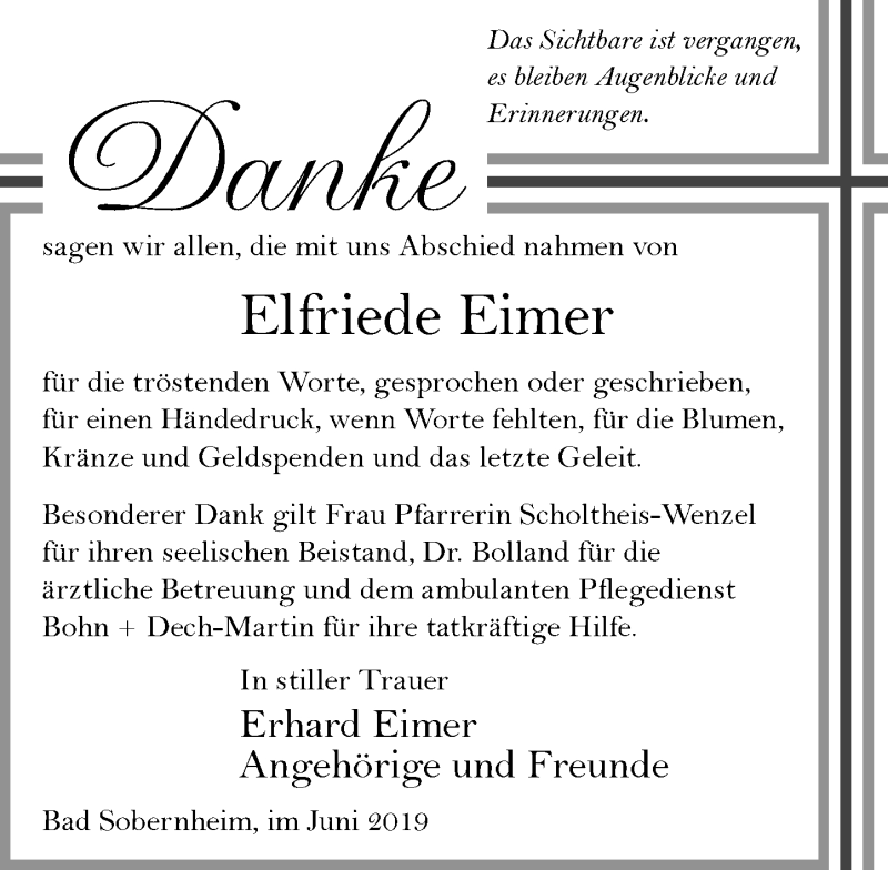  Traueranzeige für Elfriede Eimer vom 29.06.2019 aus vrm-trauer