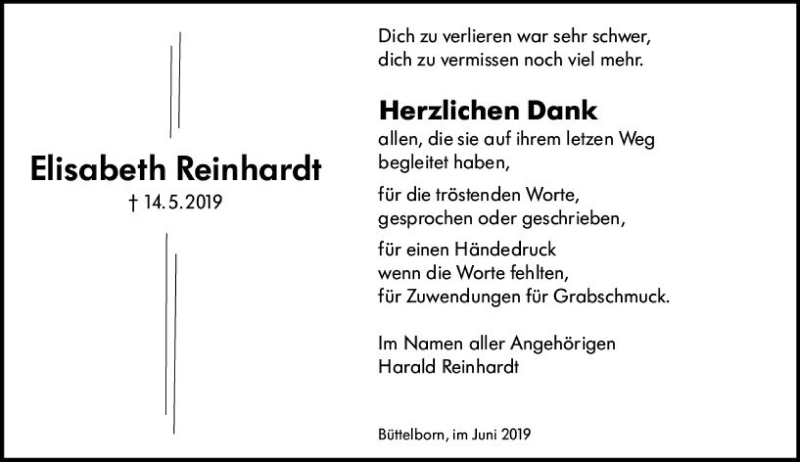  Traueranzeige für Elisabeth Reinhardt vom 15.06.2019 aus vrm-trauer