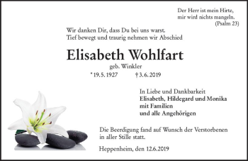 Traueranzeige von Elisabeth Wohlfart von vrm-trauer