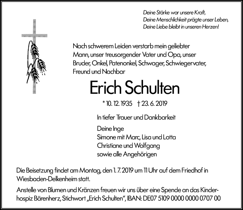  Traueranzeige für Erich Schulten vom 29.06.2019 aus vrm-trauer