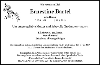 Traueranzeige von Ernestine Bartel von vrm-trauer