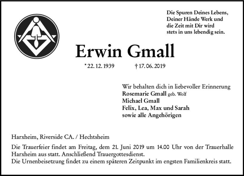  Traueranzeige für Erwin Gmall vom 19.06.2019 aus vrm-trauer