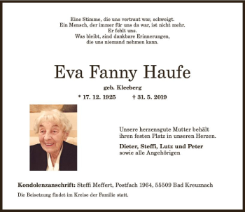 Traueranzeige von Eva Fanny Haufe von vrm-trauer