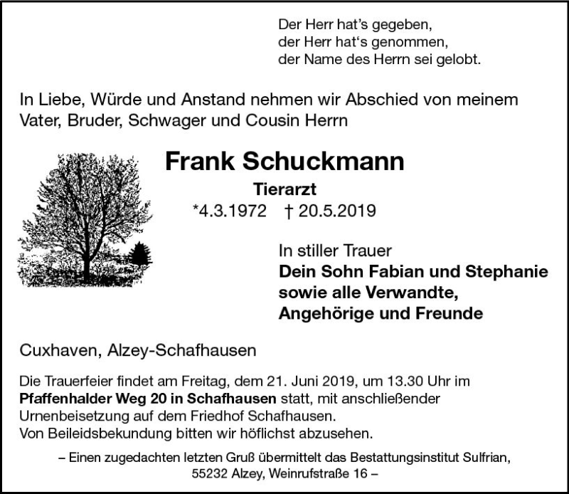  Traueranzeige für Frank Schuckmann vom 15.06.2019 aus vrm-trauer