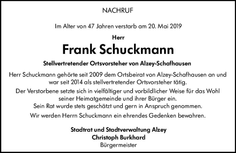 Traueranzeige für Frank Schuckmann vom 26.06.2019 aus vrm-trauer
