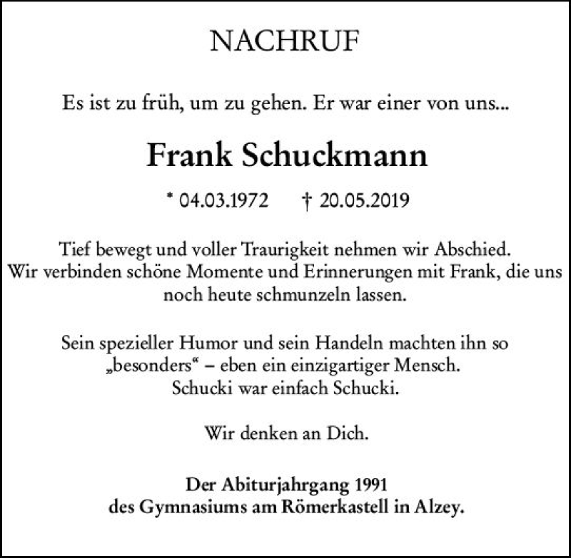  Traueranzeige für Frank Schuckmann vom 15.06.2019 aus vrm-trauer