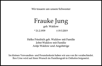 Traueranzeige von Frauke Jung von vrm-trauer