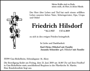 Traueranzeige von Friedrich Hilsdorf von vrm-trauer