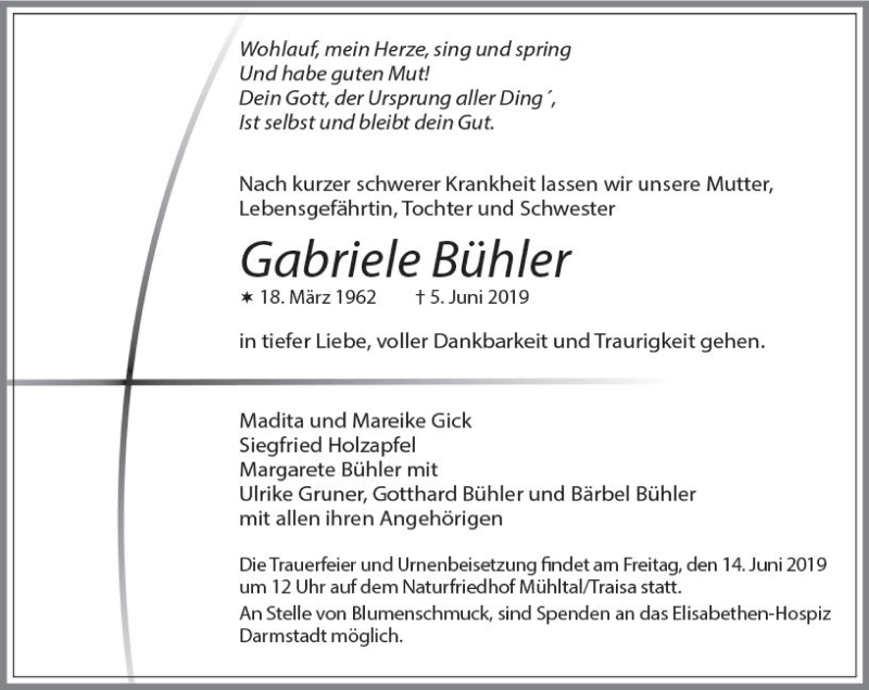  Traueranzeige für Gabriele Bühler vom 08.06.2019 aus vrm-trauer