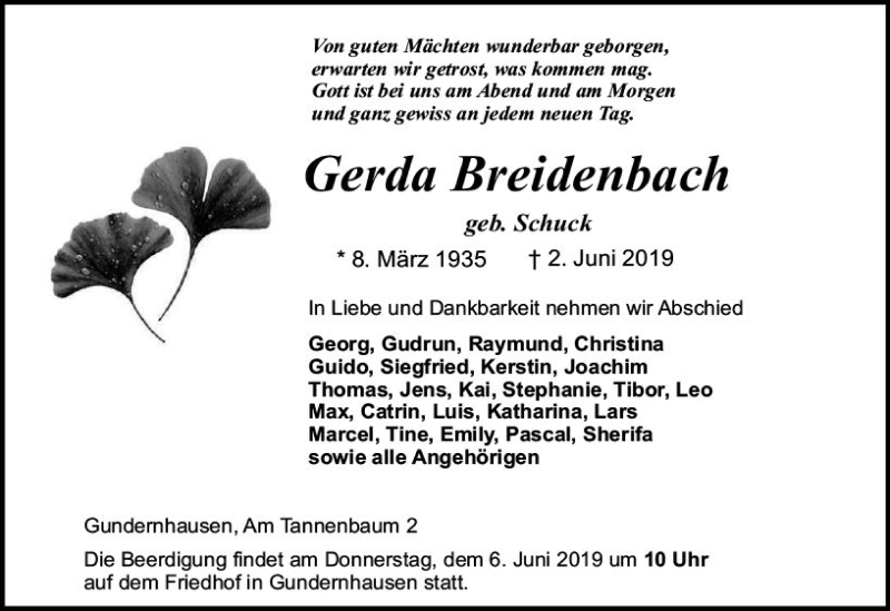  Traueranzeige für Gerda Breidenbach vom 04.06.2019 aus vrm-trauer