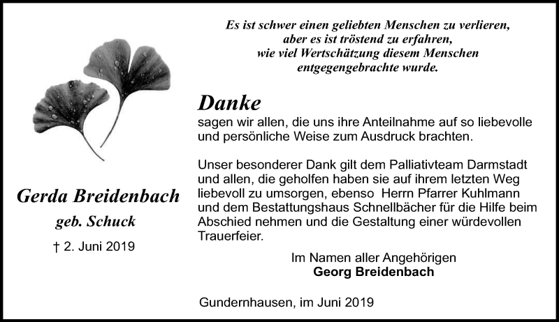  Traueranzeige für Gerda Breidenbach vom 29.06.2019 aus vrm-trauer