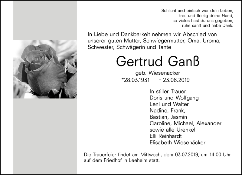  Traueranzeige für Gertrud Ganß vom 29.06.2019 aus vrm-trauer