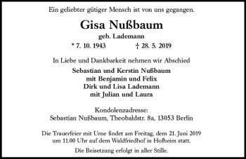 Traueranzeige von Gisa Nußbaum von vrm-trauer