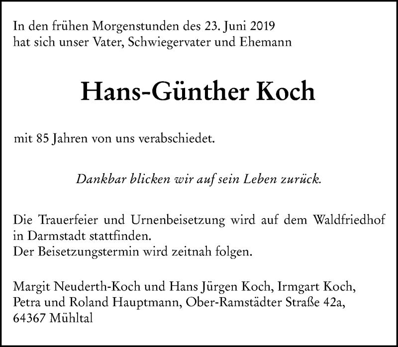 Traueranzeige für Hans-Günther Koch vom 29.06.2019 aus vrm-trauer