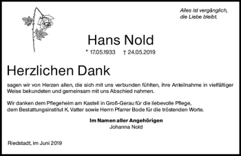 Traueranzeige von Hans Nold von vrm-trauer