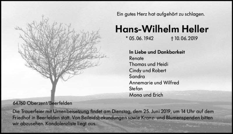  Traueranzeige für Hans-Wilhelm Heller vom 21.06.2019 aus vrm-trauer