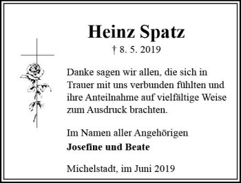 Traueranzeige von Heinz Spatz von vrm-trauer