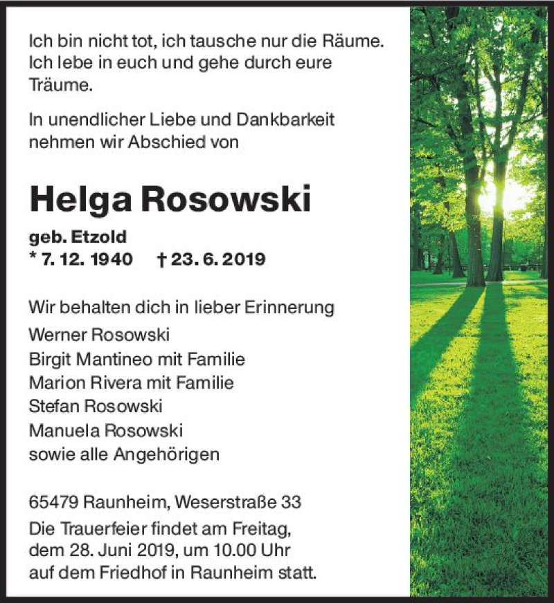  Traueranzeige für Helga Rosowski vom 25.06.2019 aus vrm-trauer