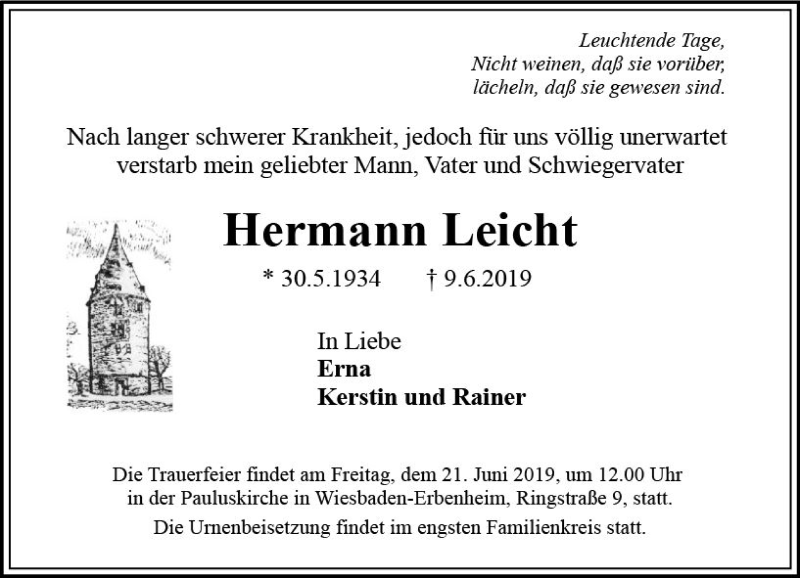  Traueranzeige für Hermann Leicht vom 15.06.2019 aus vrm-trauer